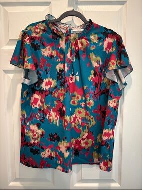 Simple Fun Teal Multicolor Floral Ruffle Sleeve Blouse